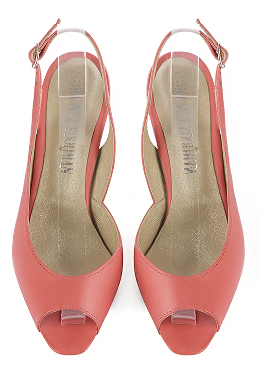 Coral orange women's slingback sandals. Round toe. Very high spool heels. Top view - Florence KOOIJMAN